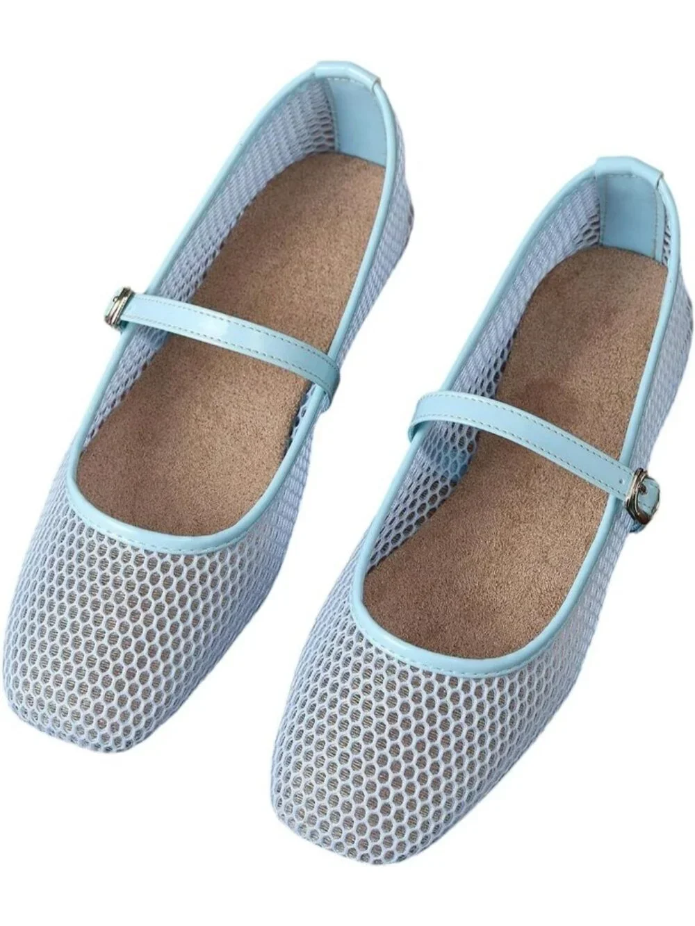 Women's Blue Mesh Ballet Flats Lace Bow Square Toe Wedding Dressy Work Shoes